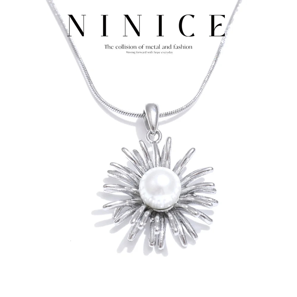 NiNice Stainless Steel Necklace Sunflower Imitation Pearl Pendant Design Trendy Selected Jewelry Gift New Wholesale