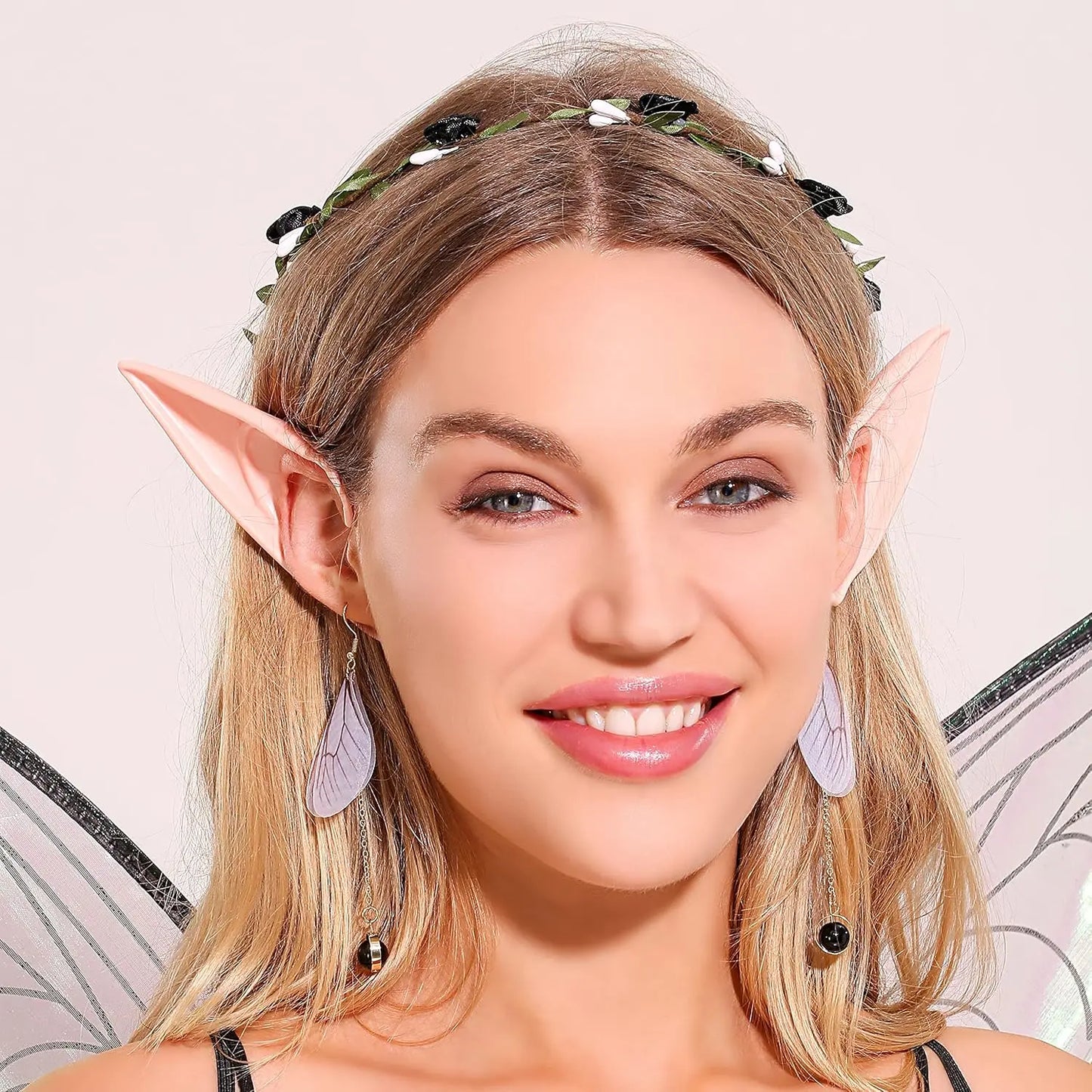 Laventy Sexy Fairy Wings for Adults Black Fairy Wings Costume Women Fairy Elf Ears Floral Headband Crown Fairy Wings Earrings