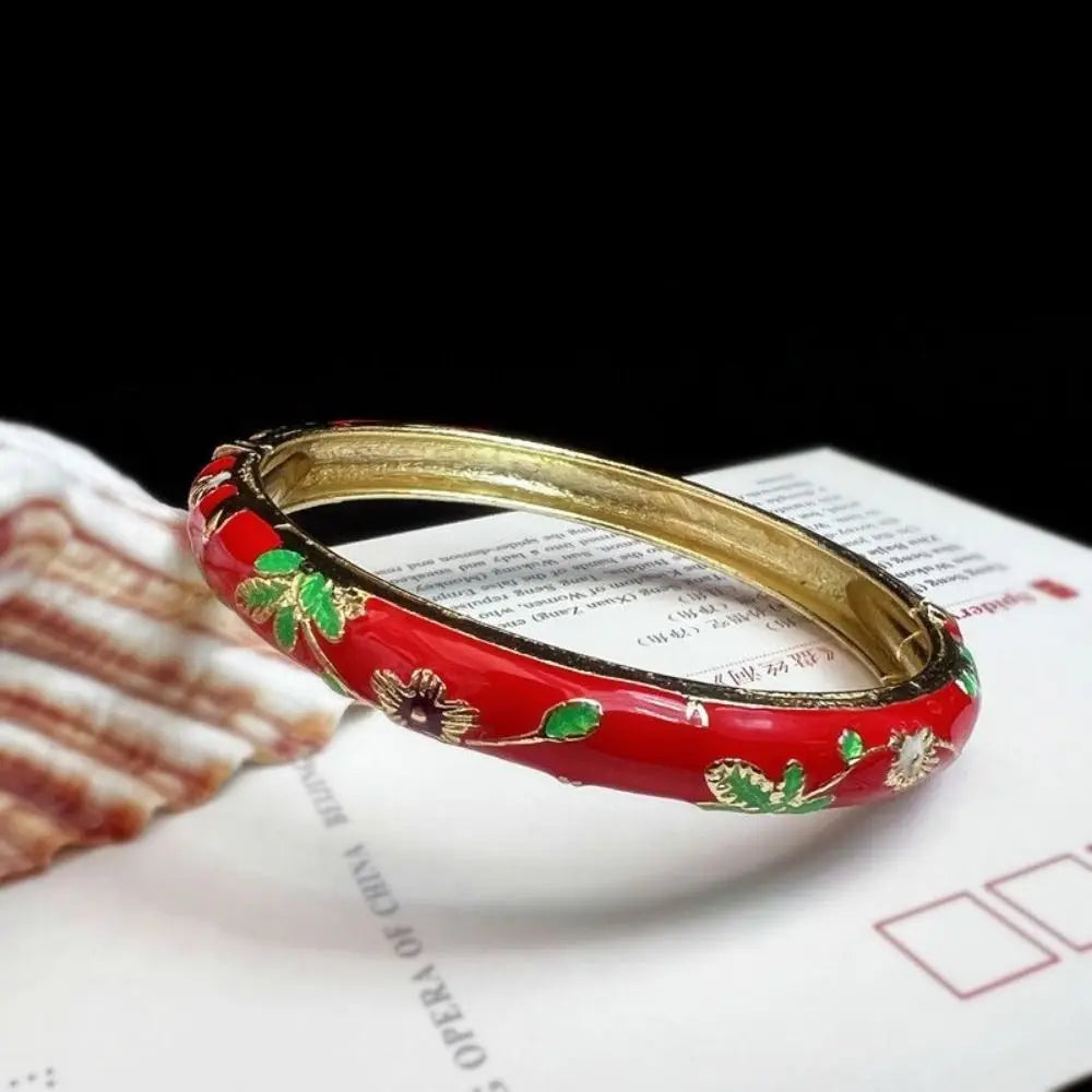 Enamel Chinese Cloisonne Bracelet Double Bangle Chinese Peony Filigree Flower Bangle Traditional Vintage Women's Hand Bracelet