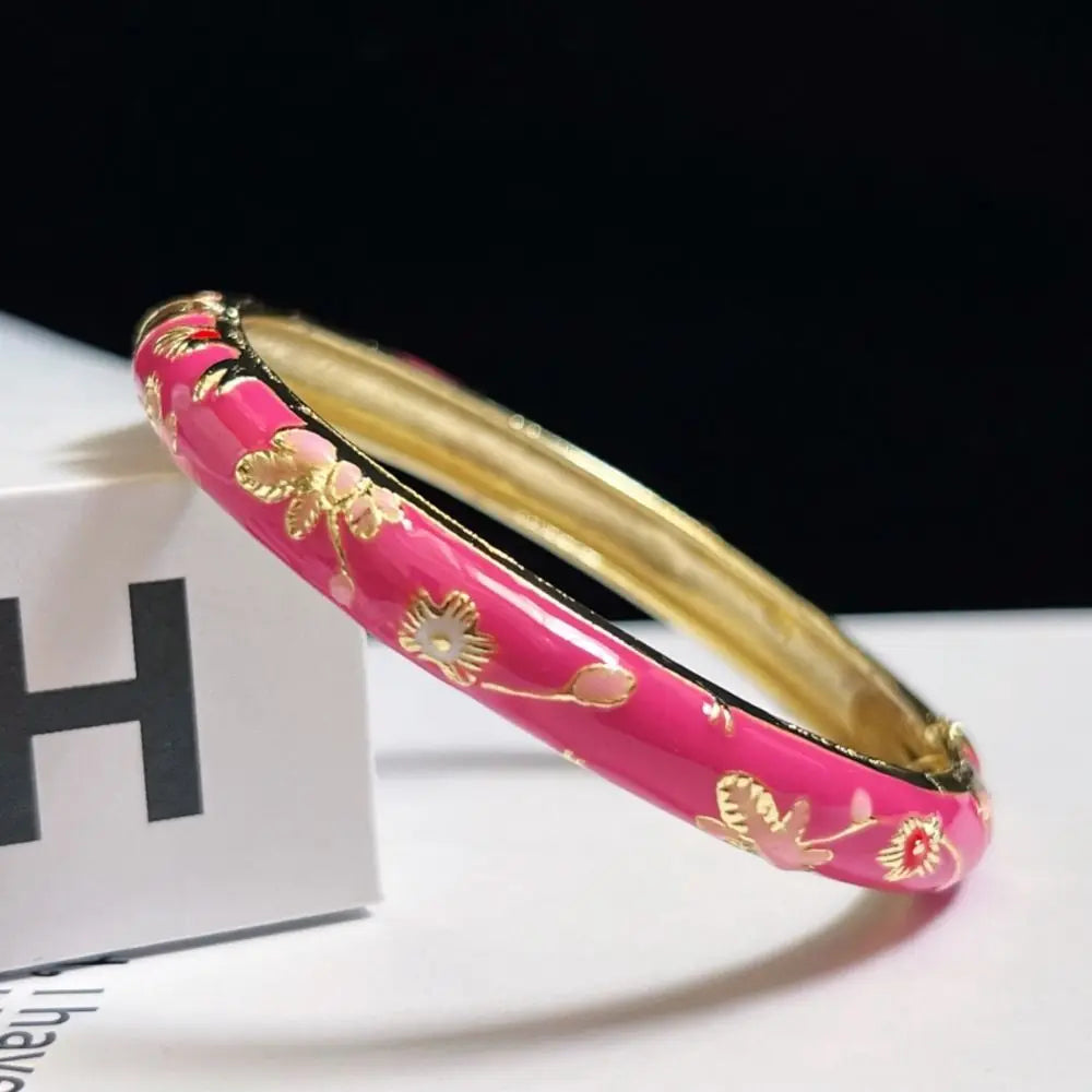 Enamel Chinese Cloisonne Bracelet Double Bangle Chinese Peony Filigree Flower Bangle Traditional Vintage Women's Hand Bracelet
