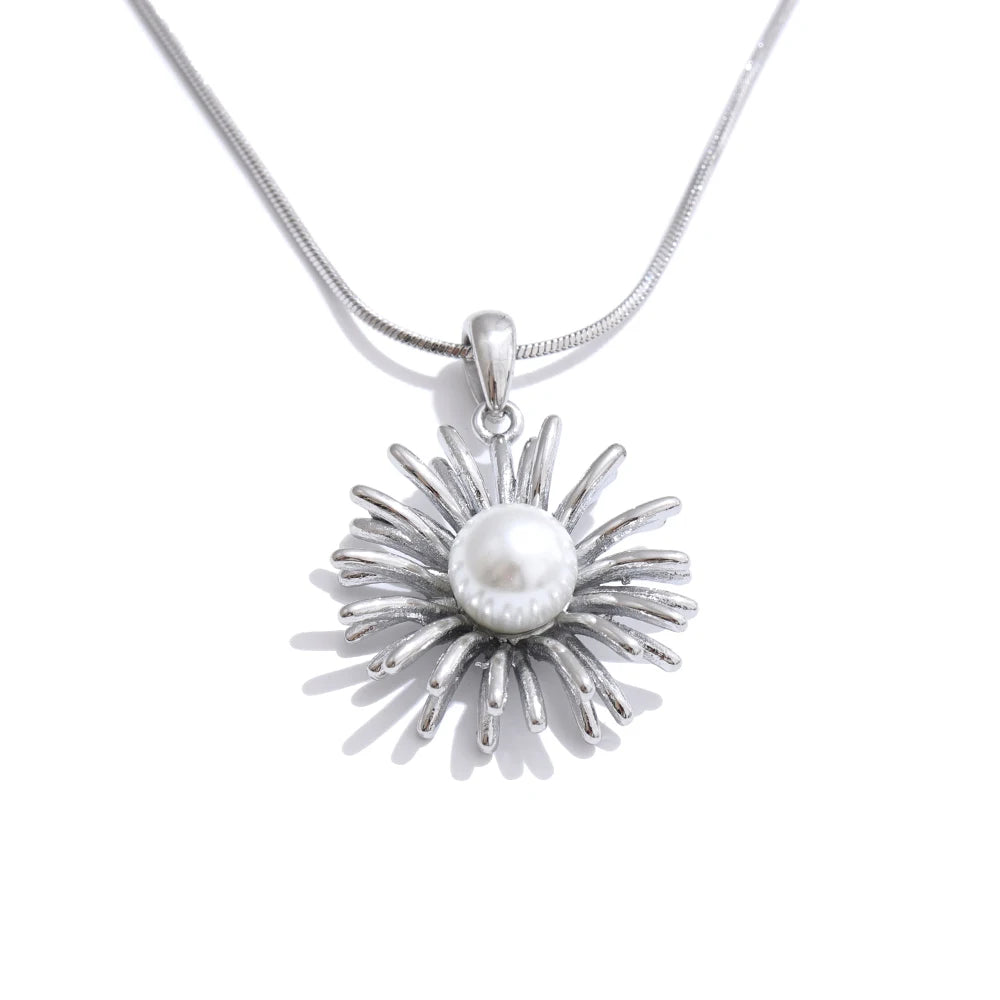 NiNice Stainless Steel Necklace Sunflower Imitation Pearl Pendant Design Trendy Selected Jewelry Gift New Wholesale