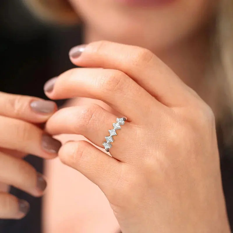 RAPRGOLD Certified Princess Cut Moissanite Half Eternity Ring Real 925 Sterling Silver Wedding Ring for Women Fine Jewelry Gifts