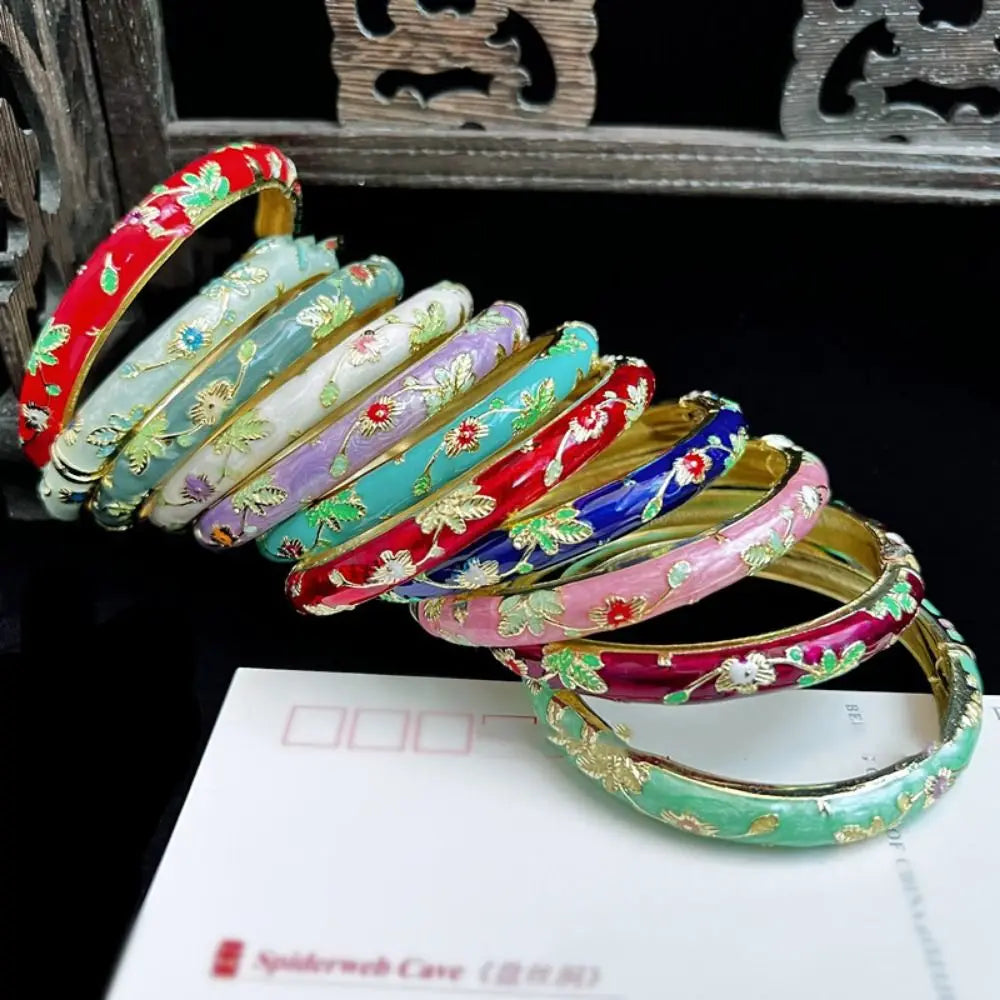 Enamel Chinese Cloisonne Bracelet Double Bangle Chinese Peony Filigree Flower Bangle Traditional Vintage Women's Hand Bracelet