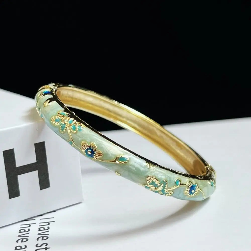 Enamel Chinese Cloisonne Bracelet Double Bangle Chinese Peony Filigree Flower Bangle Traditional Vintage Women's Hand Bracelet