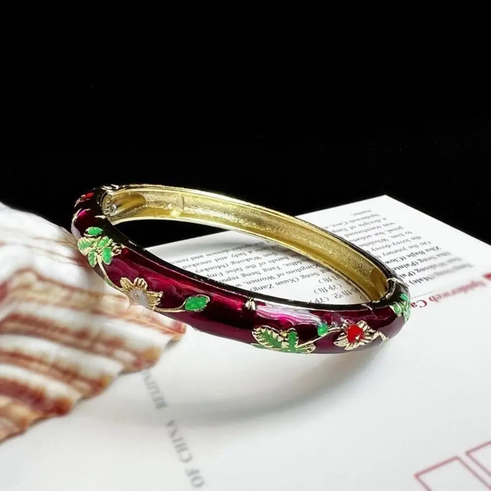 Enamel Chinese Cloisonne Bracelet Double Bangle Chinese Peony Filigree Flower Bangle Traditional Vintage Women's Hand Bracelet