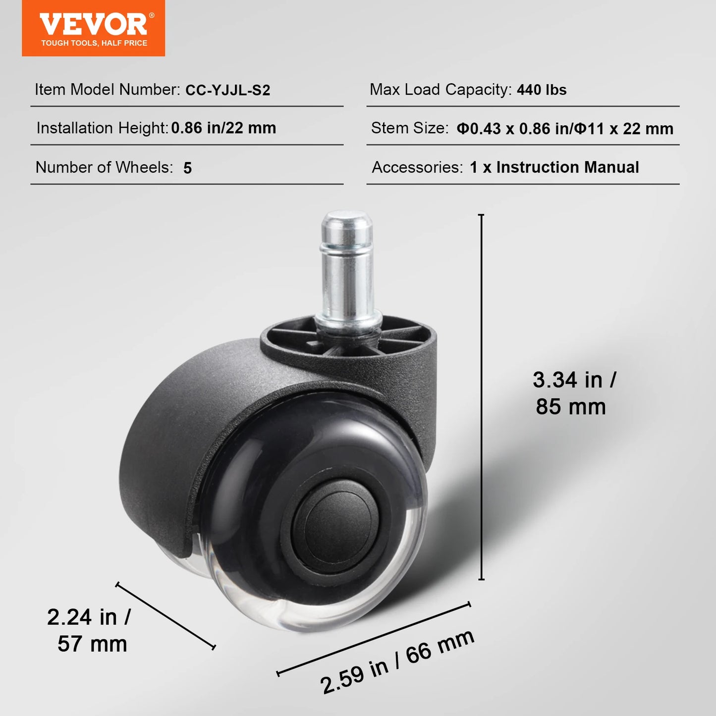 SucceBuy 2/3 inch Set of 5 Office Chair Wheels Replacement Computer Gaming Desk Universal Caster for Hardwood Floors and Carpet