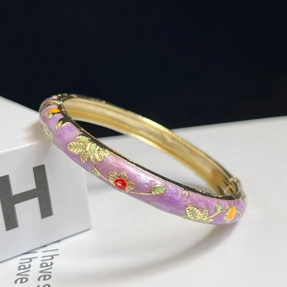 Enamel Chinese Cloisonne Bracelet Double Bangle Chinese Peony Filigree Flower Bangle Traditional Vintage Women's Hand Bracelet