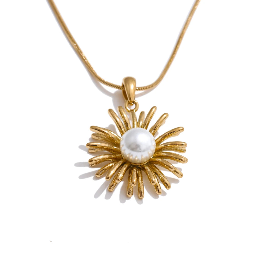 NiNice Stainless Steel Necklace Sunflower Imitation Pearl Pendant Design Trendy Selected Jewelry Gift New Wholesale