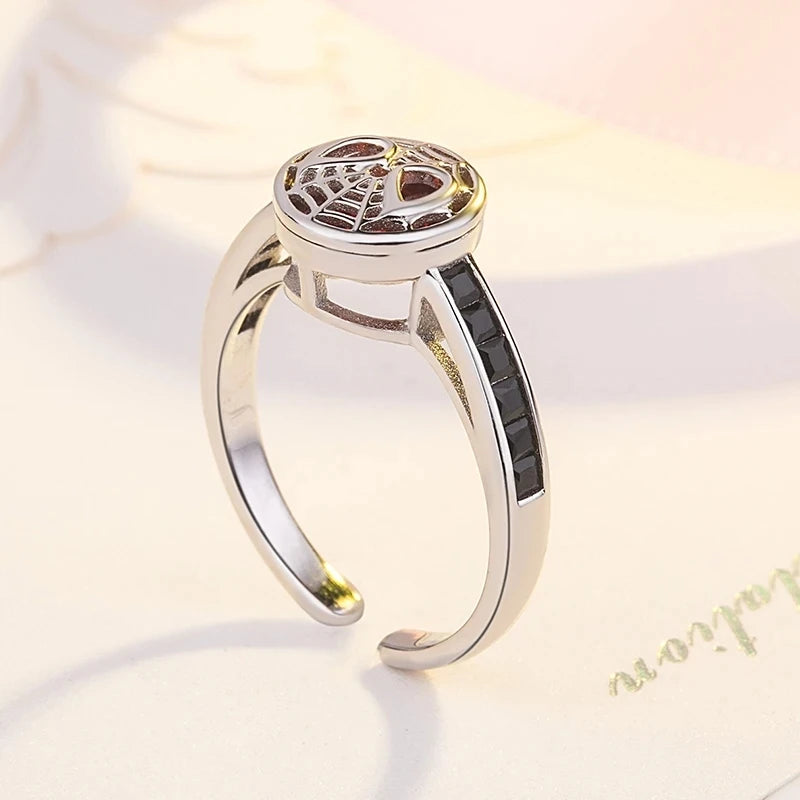 Fashionable Red Crystal Spider Web Opening Adjustable Ring for Men and Women Punk Hip Hop Hero Trendy Party Jewelry