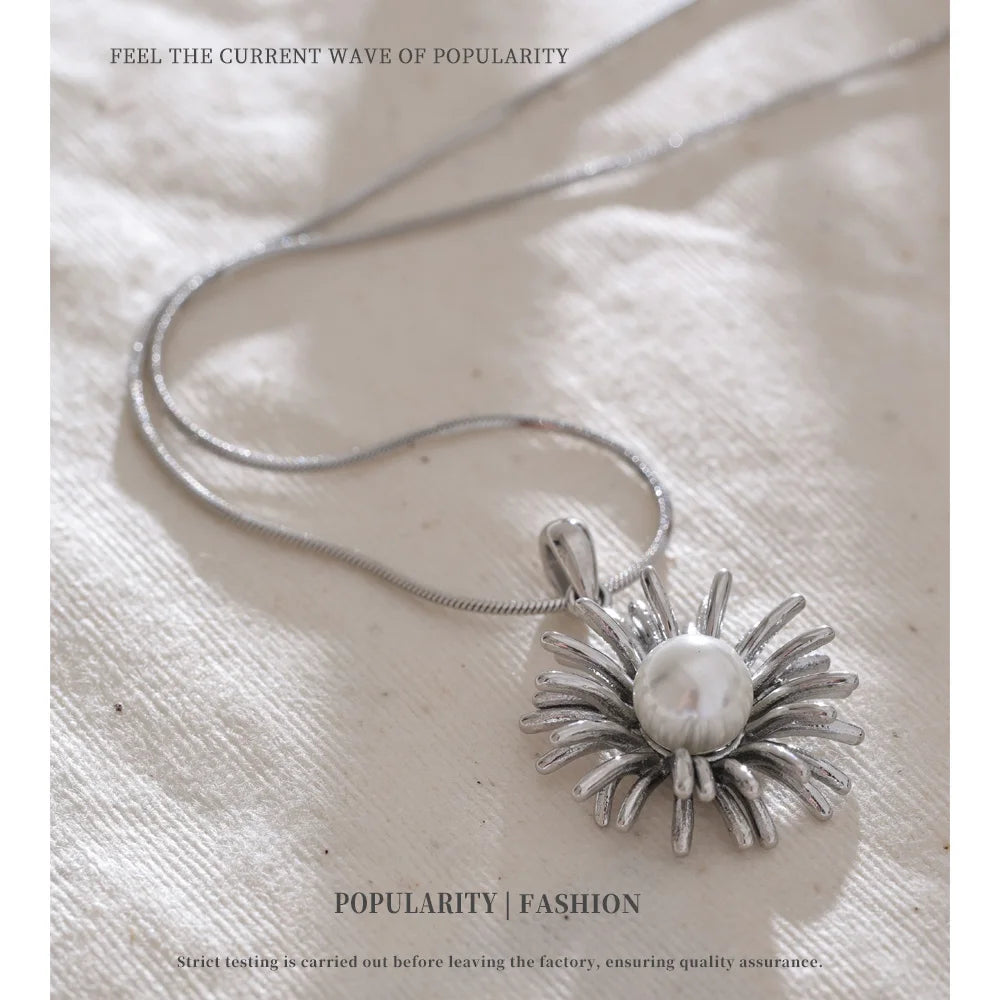 NiNice Stainless Steel Necklace Sunflower Imitation Pearl Pendant Design Trendy Selected Jewelry Gift New Wholesale