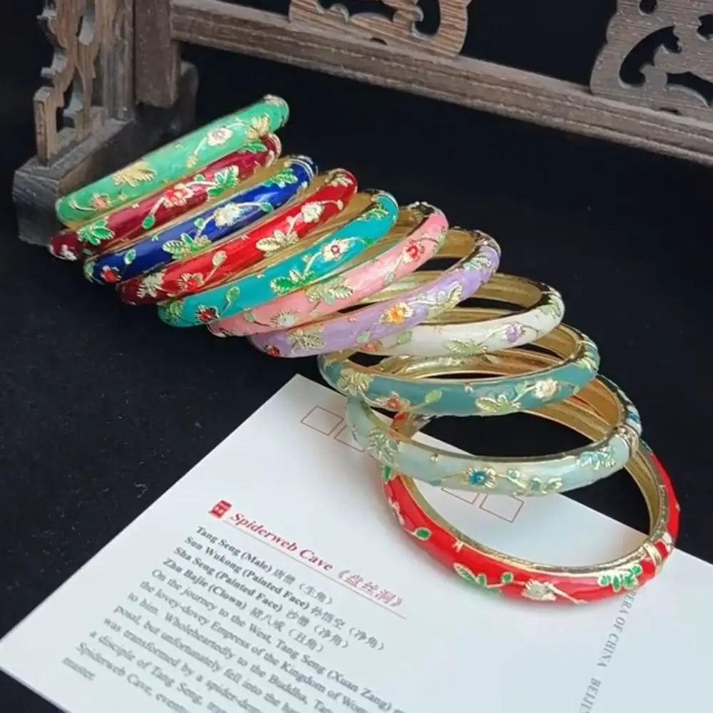 Enamel Chinese Cloisonne Bracelet Double Bangle Chinese Peony Filigree Flower Bangle Traditional Vintage Women's Hand Bracelet