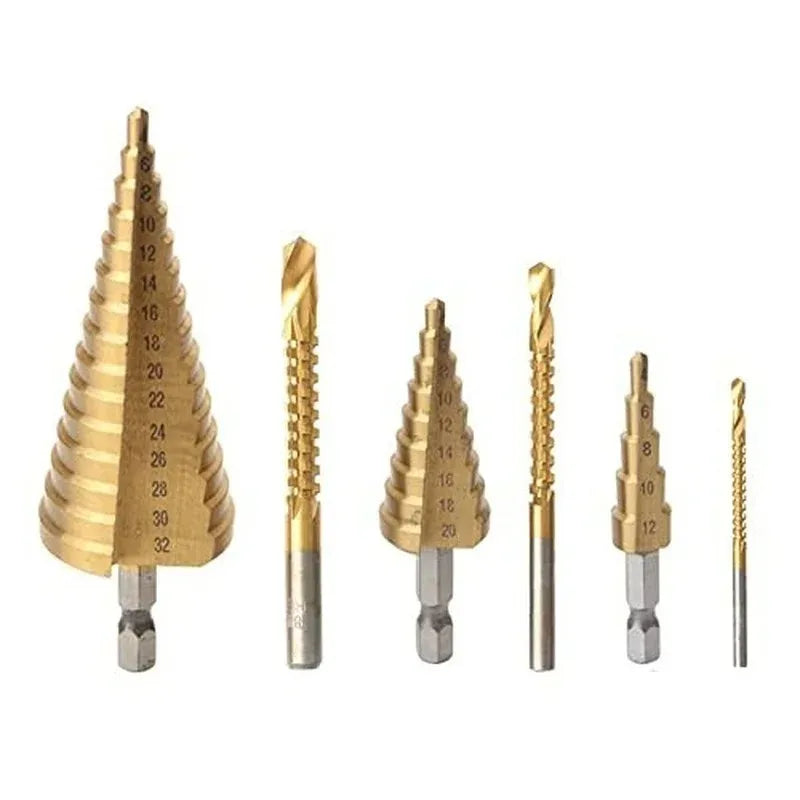 6 PCS/set Titanium Coated Drill Bit Set Including 3 Sizes of Step Drill Bits Twist Drill Bits for Metalworking Woodworking