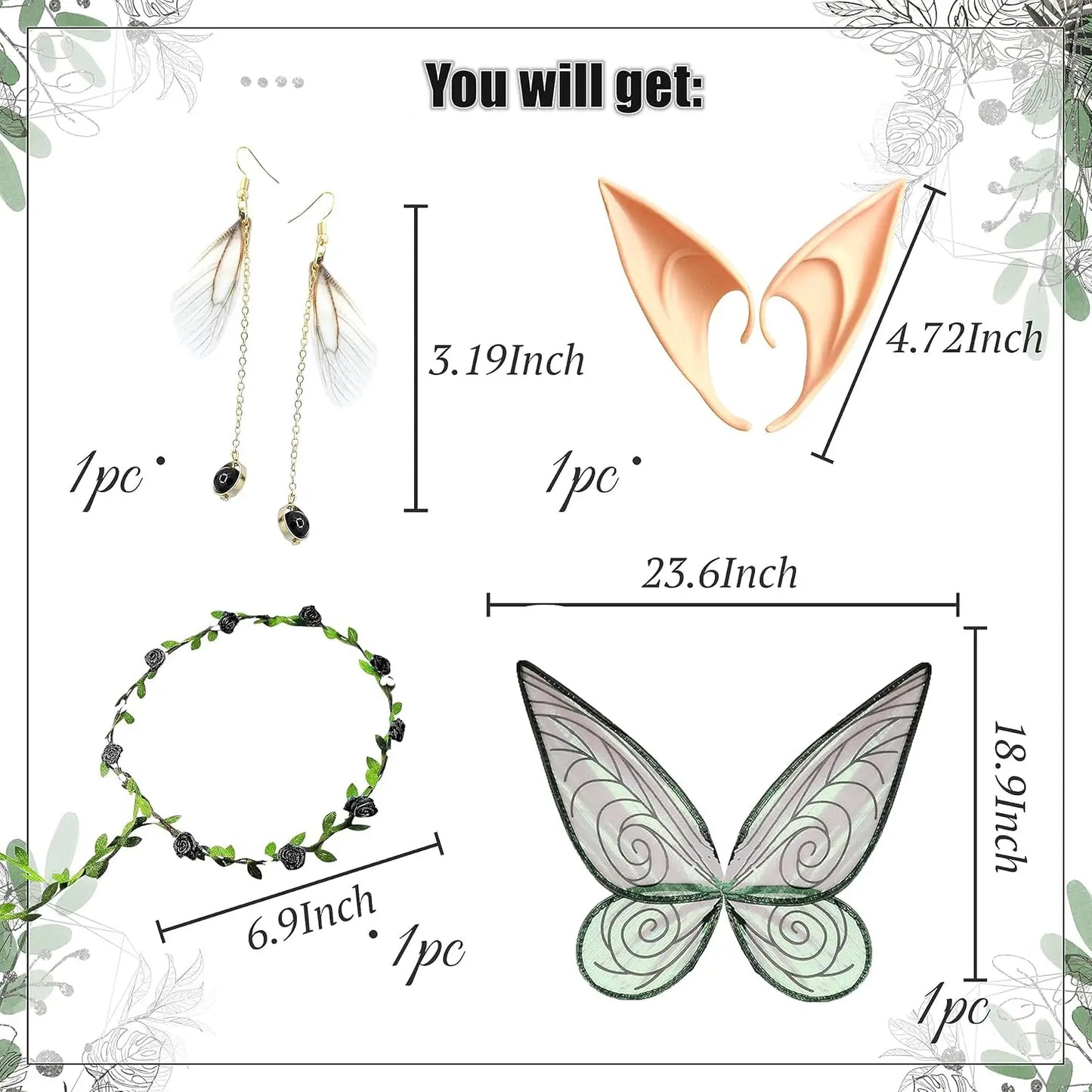 Laventy Sexy Fairy Wings for Adults Black Fairy Wings Costume Women Fairy Elf Ears Floral Headband Crown Fairy Wings Earrings