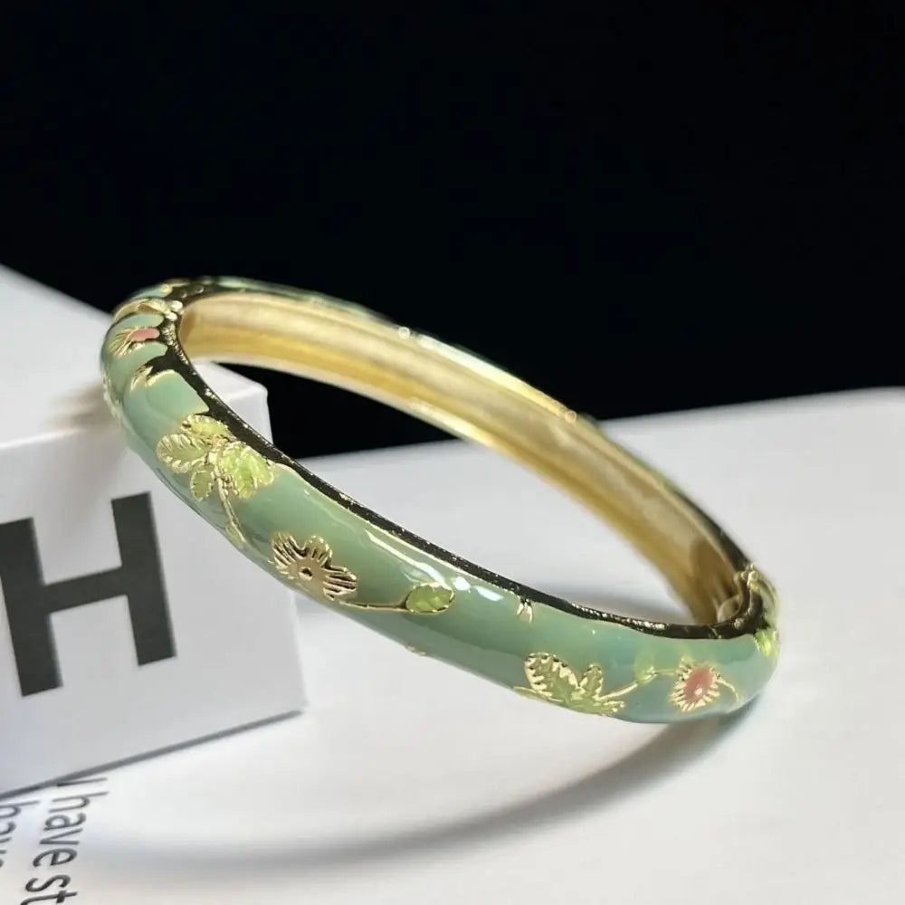 Enamel Chinese Cloisonne Bracelet Double Bangle Chinese Peony Filigree Flower Bangle Traditional Vintage Women's Hand Bracelet