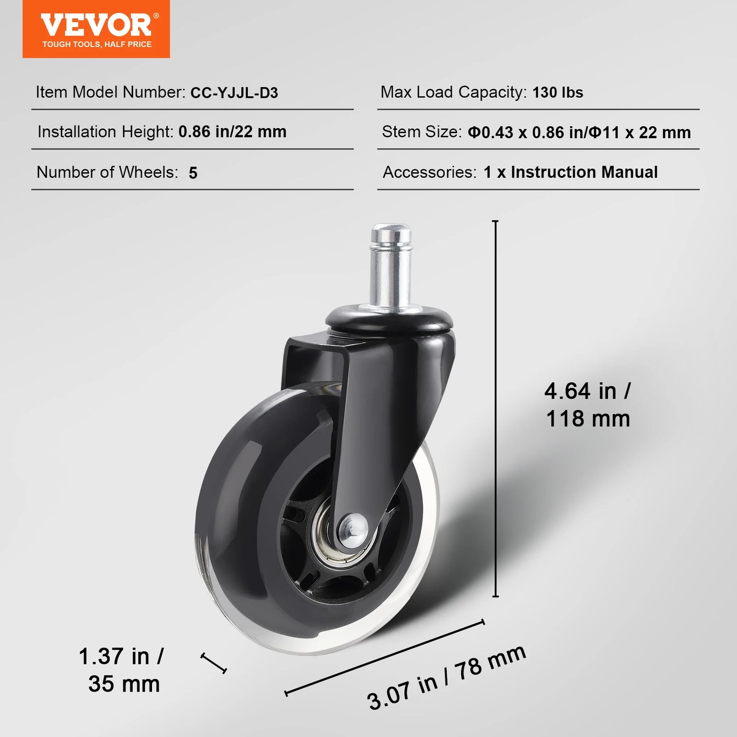 SucceBuy 2/3 inch Set of 5 Office Chair Wheels Replacement Computer Gaming Desk Universal Caster for Hardwood Floors and Carpet