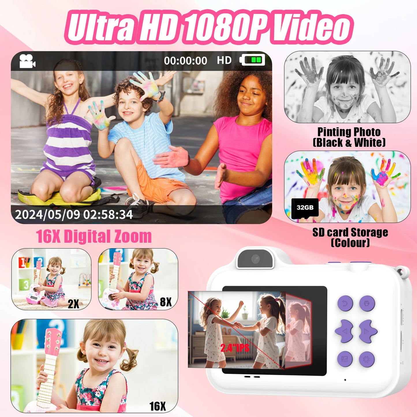 Children Camera Instant Print Camera For Kids Dual Lens Video Recording Photo Thermal Printing Mini Digital Camera With 32G Card