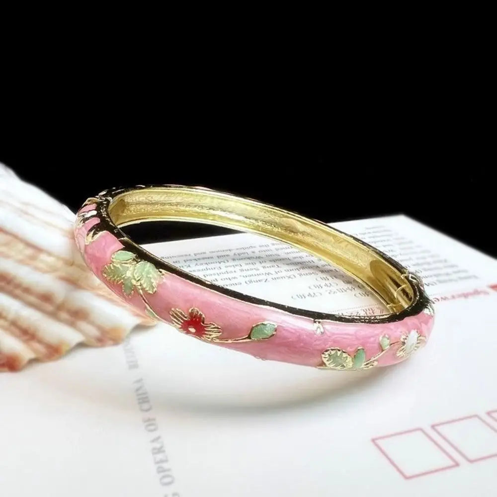 Enamel Chinese Cloisonne Bracelet Double Bangle Chinese Peony Filigree Flower Bangle Traditional Vintage Women's Hand Bracelet