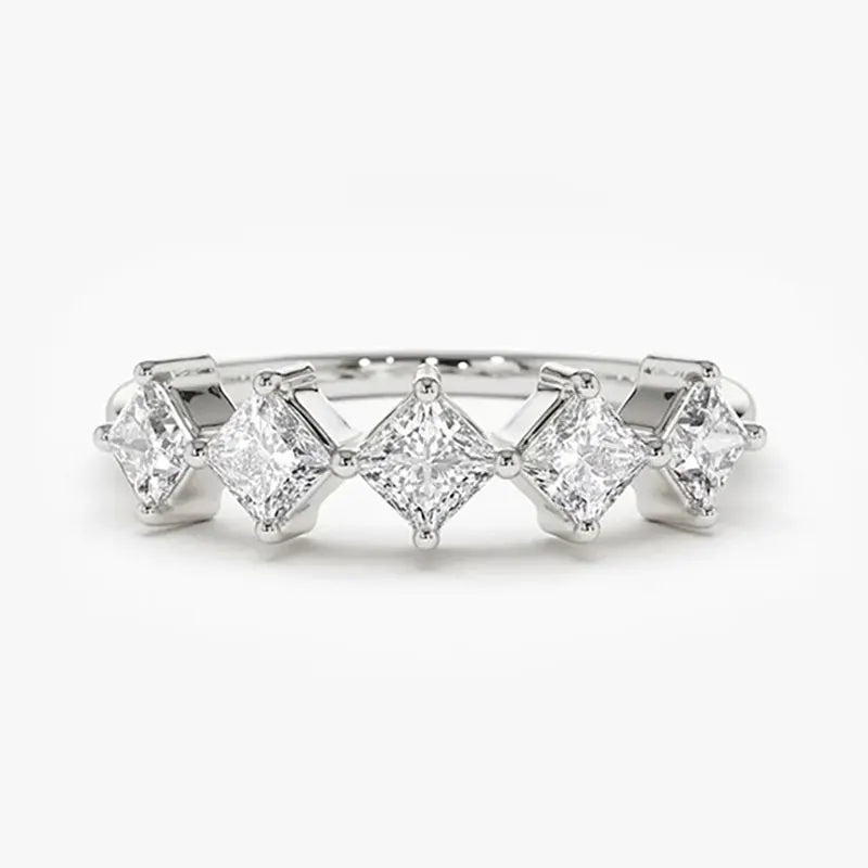 RAPRGOLD Certified Princess Cut Moissanite Half Eternity Ring Real 925 Sterling Silver Wedding Ring for Women Fine Jewelry Gifts