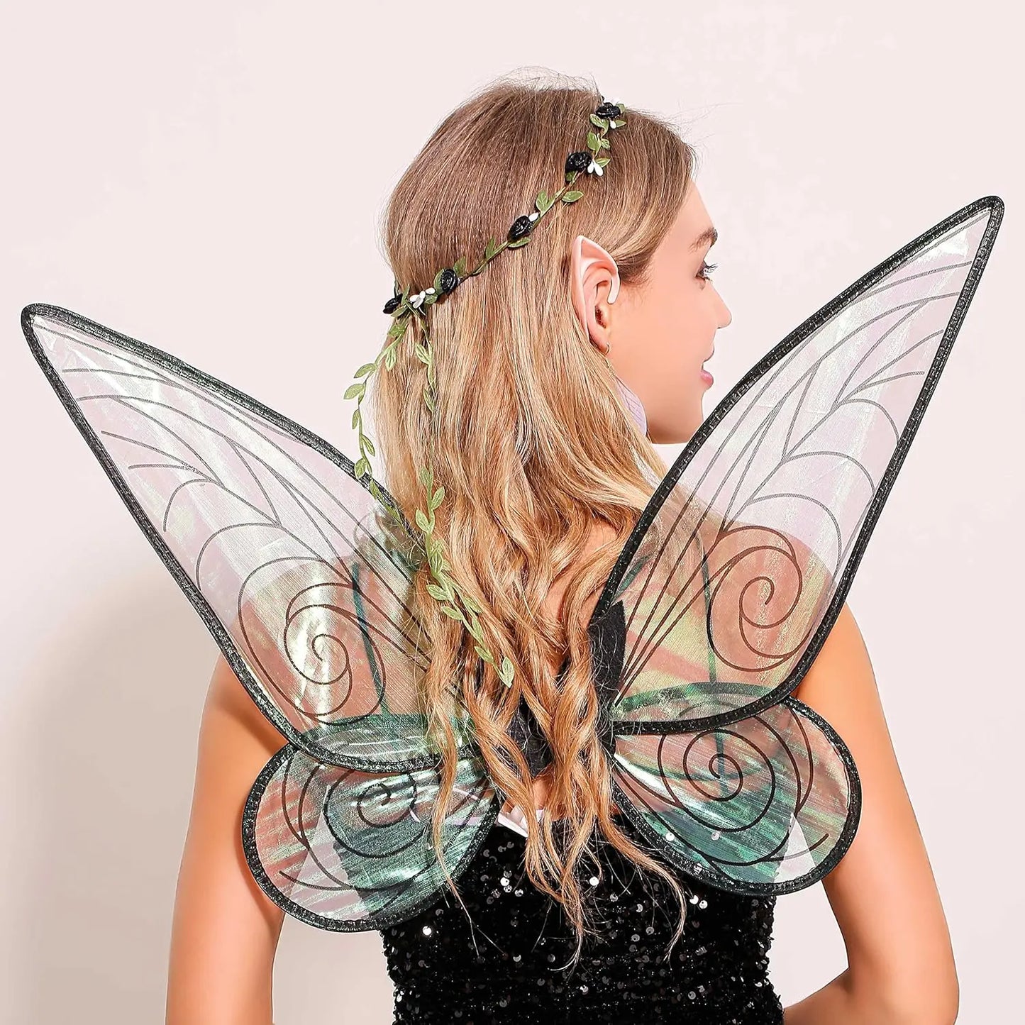 Laventy Sexy Fairy Wings for Adults Black Fairy Wings Costume Women Fairy Elf Ears Floral Headband Crown Fairy Wings Earrings