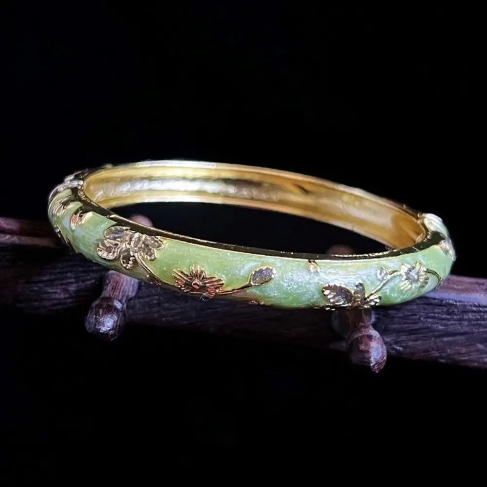 Enamel Chinese Cloisonne Bracelet Double Bangle Chinese Peony Filigree Flower Bangle Traditional Vintage Women's Hand Bracelet