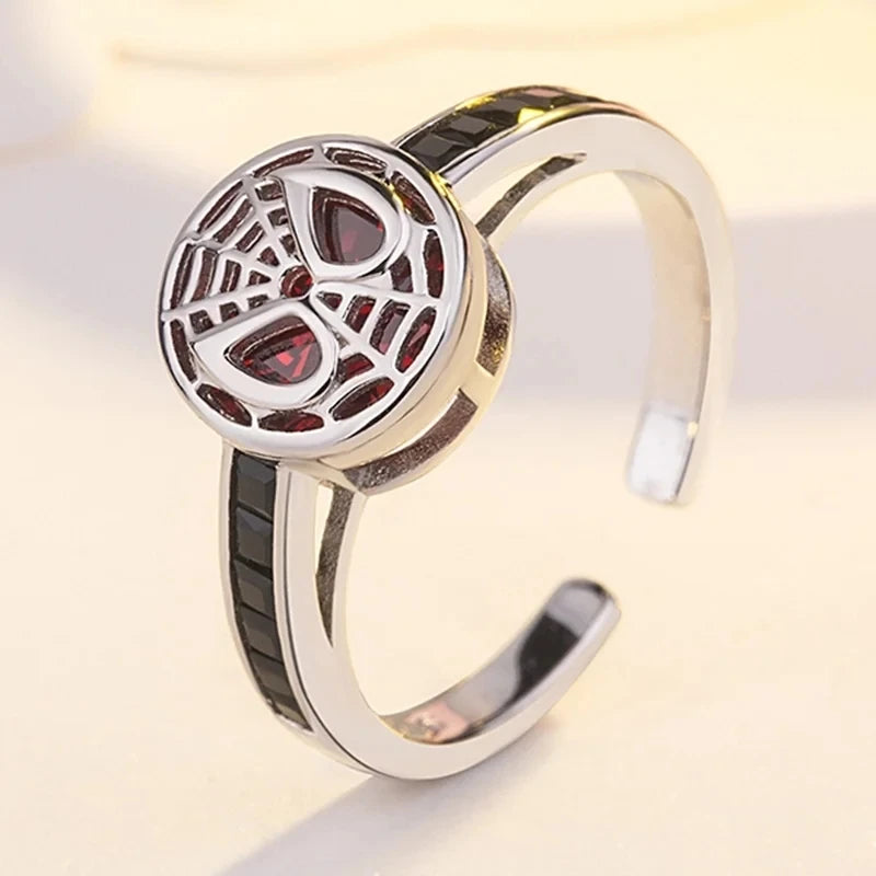 Fashionable Red Crystal Spider Web Opening Adjustable Ring for Men and Women Punk Hip Hop Hero Trendy Party Jewelry
