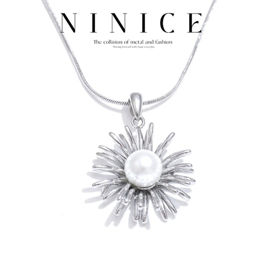 NiNice Stainless Steel Necklace Sunflower Imitation Pearl Pendant Design Trendy Selected Jewelry Gift New Wholesale