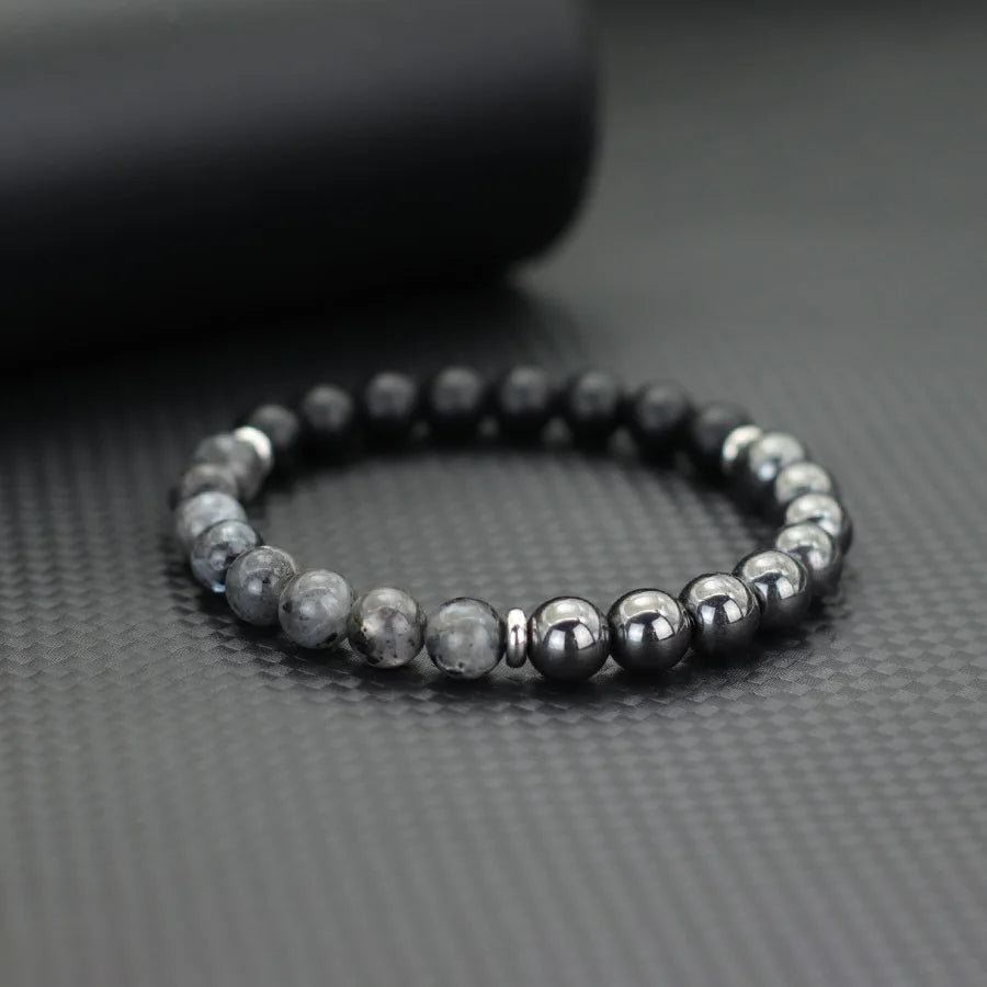 Handmade Beaded Three Natural Stone Beads Mix and Match Bracelet Matte Map Stone Hematite Charms Beaded Stretch Braclet