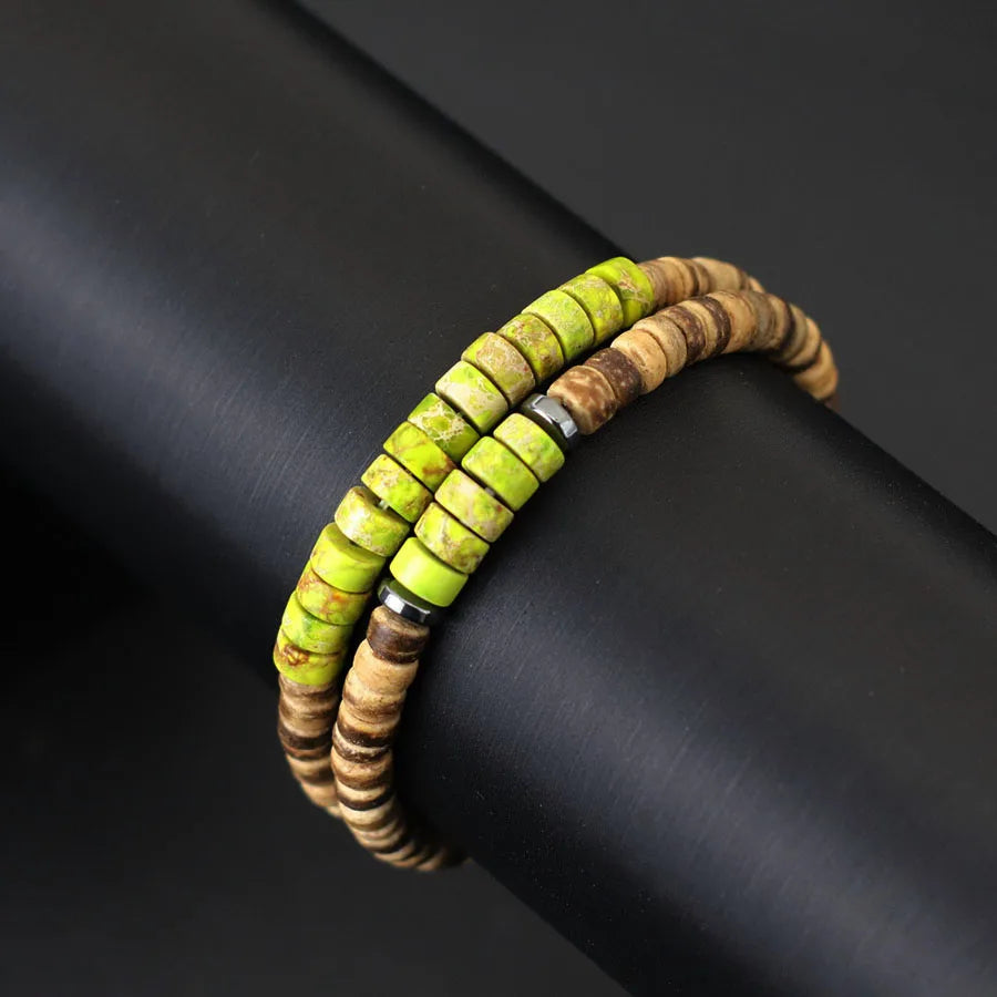 Bohemian 2Pcs Men Bracelet Set Natural Coconut Husk Beads Braclet Emperor Stone Strand Braslet Meditation Yoga Hand Accessories
