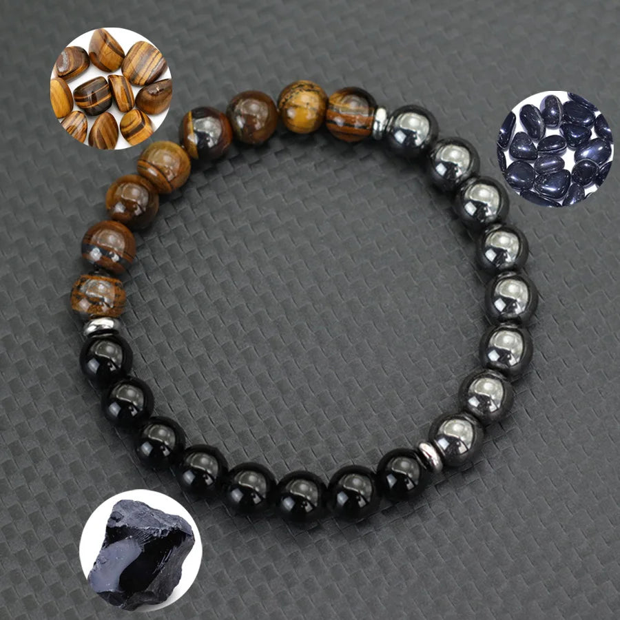Handmade Beaded Three Natural Stone Beads Mix and Match Bracelet Matte Map Stone Hematite Charms Beaded Stretch Braclet