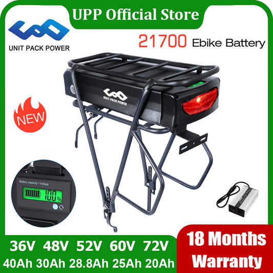 72V 52V 48V 36V Rear Rack eBike Battery 21700 Lithium Pack with Luggage for 2000W 1500W 1000W 750W 500W 24"-28 inch Motor