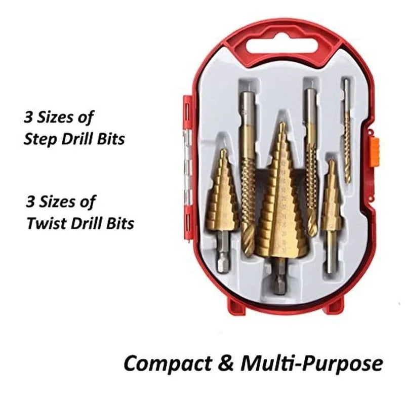 6 PCS/set Titanium Coated Drill Bit Set Including 3 Sizes of Step Drill Bits Twist Drill Bits for Metalworking Woodworking
