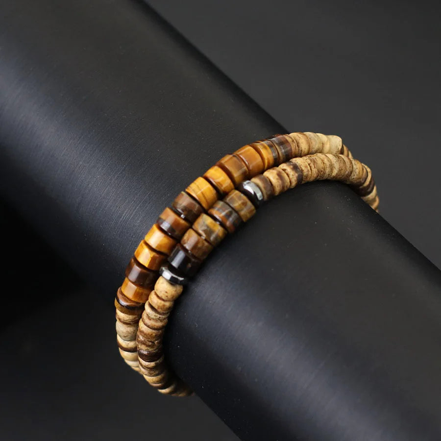 Bohemian 2Pcs Men Bracelet Set Natural Coconut Husk Beads Braclet Emperor Stone Strand Braslet Meditation Yoga Hand Accessories