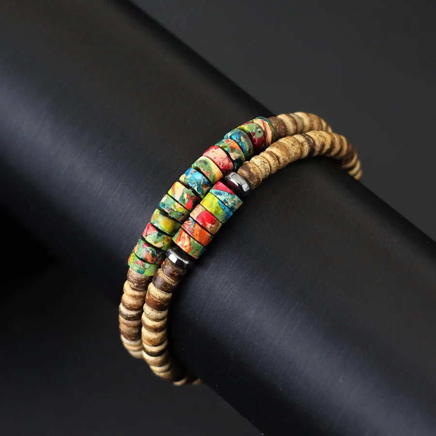 Bohemian 2Pcs Men Bracelet Set Natural Coconut Husk Beads Braclet Emperor Stone Strand Braslet Meditation Yoga Hand Accessories