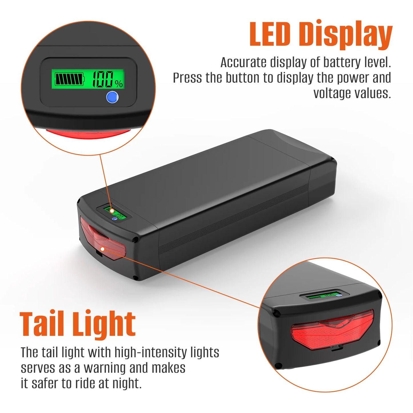 72V 52V 48V 36V Rear Rack eBike Battery 21700 Lithium Pack with Luggage for 2000W 1500W 1000W 750W 500W 24"-28 inch Motor