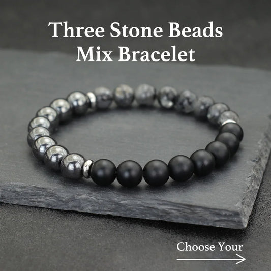 Handmade Beaded Three Natural Stone Beads Mix and Match Bracelet Matte Map Stone Hematite Charms Beaded Stretch Braclet