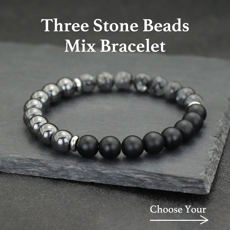 Handmade Beaded Three Natural Stone Beads Mix and Match Bracelet Matte Map Stone Hematite Charms Beaded Stretch Braclet