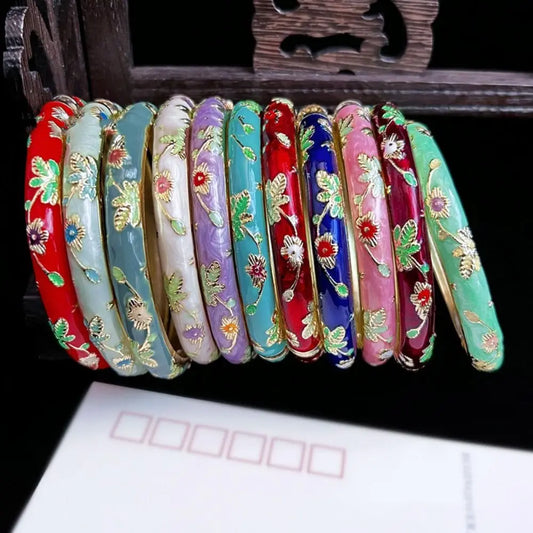 Enamel Chinese Cloisonne Bracelet Double Bangle Chinese Peony Filigree Flower Bangle Traditional Vintage Women's Hand Bracelet
