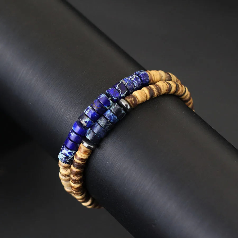 Bohemian 2Pcs Men Bracelet Set Natural Coconut Husk Beads Braclet Emperor Stone Strand Braslet Meditation Yoga Hand Accessories