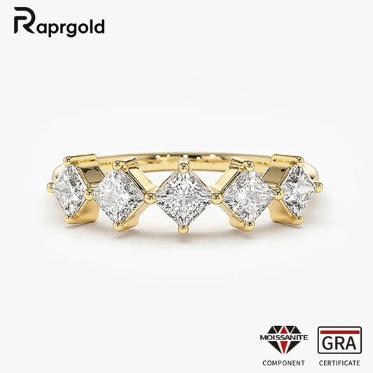 RAPRGOLD Certified Princess Cut Moissanite Half Eternity Ring Real 925 Sterling Silver Wedding Ring for Women Fine Jewelry Gifts