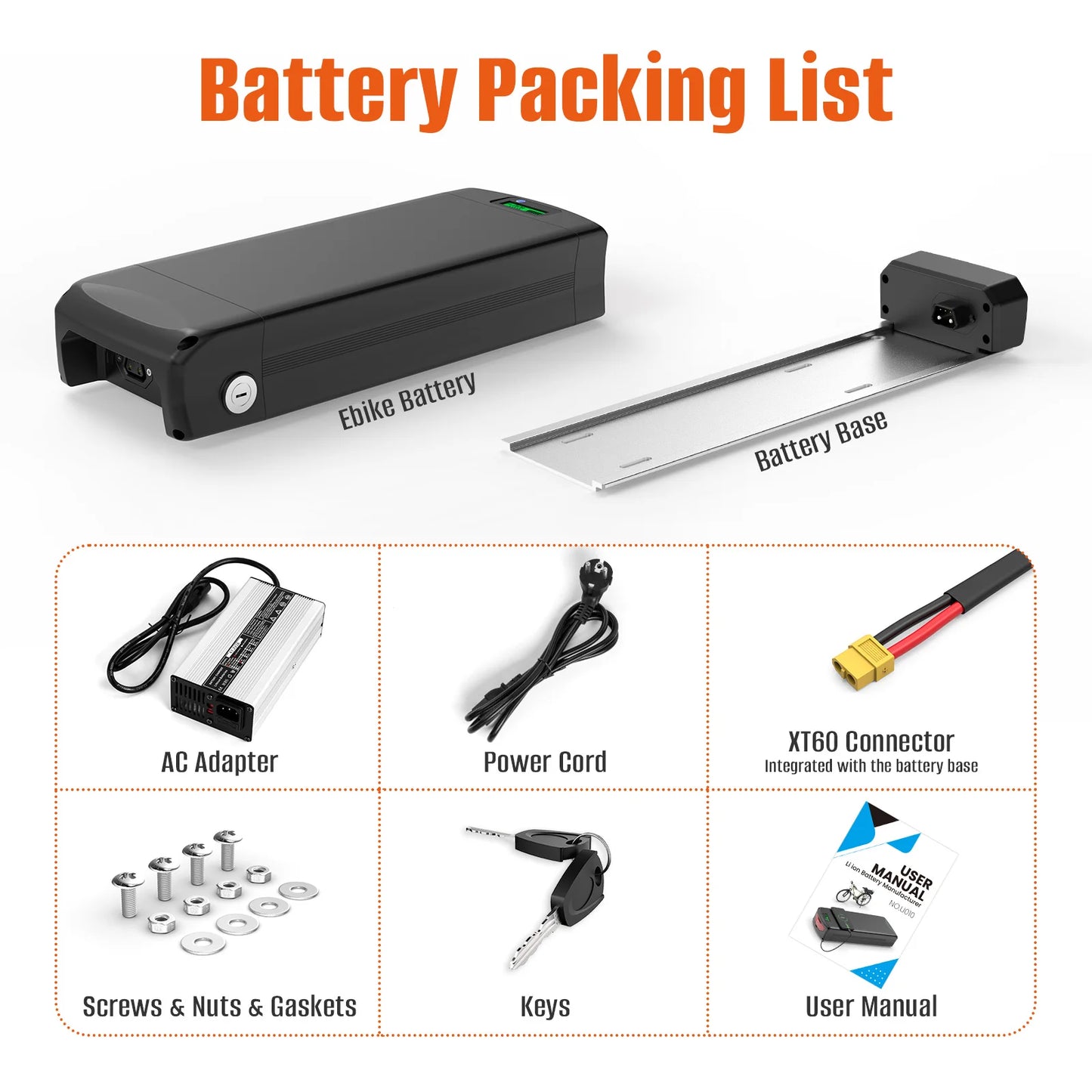 72V 52V 48V 36V Rear Rack eBike Battery 21700 Lithium Pack with Luggage for 2000W 1500W 1000W 750W 500W 24"-28 inch Motor