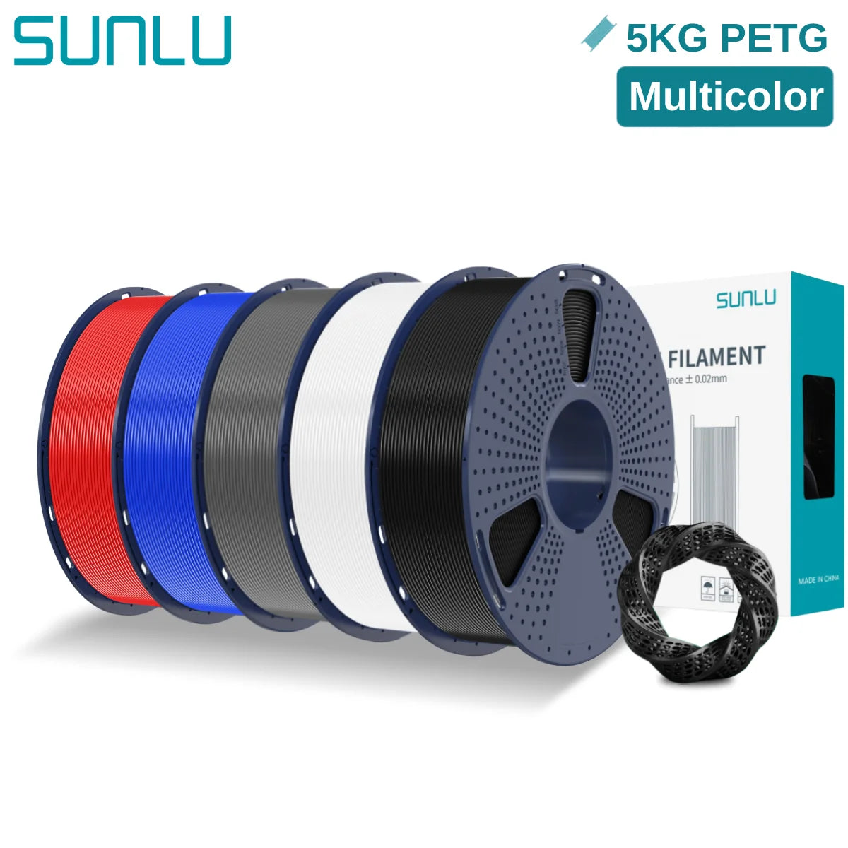 SUNLU 5KG PETG 3D Filament 1.75mm Neatly Wound High Toughness 3D Printing Spool Filament for FDM 3D Printer Materials Fast Ship