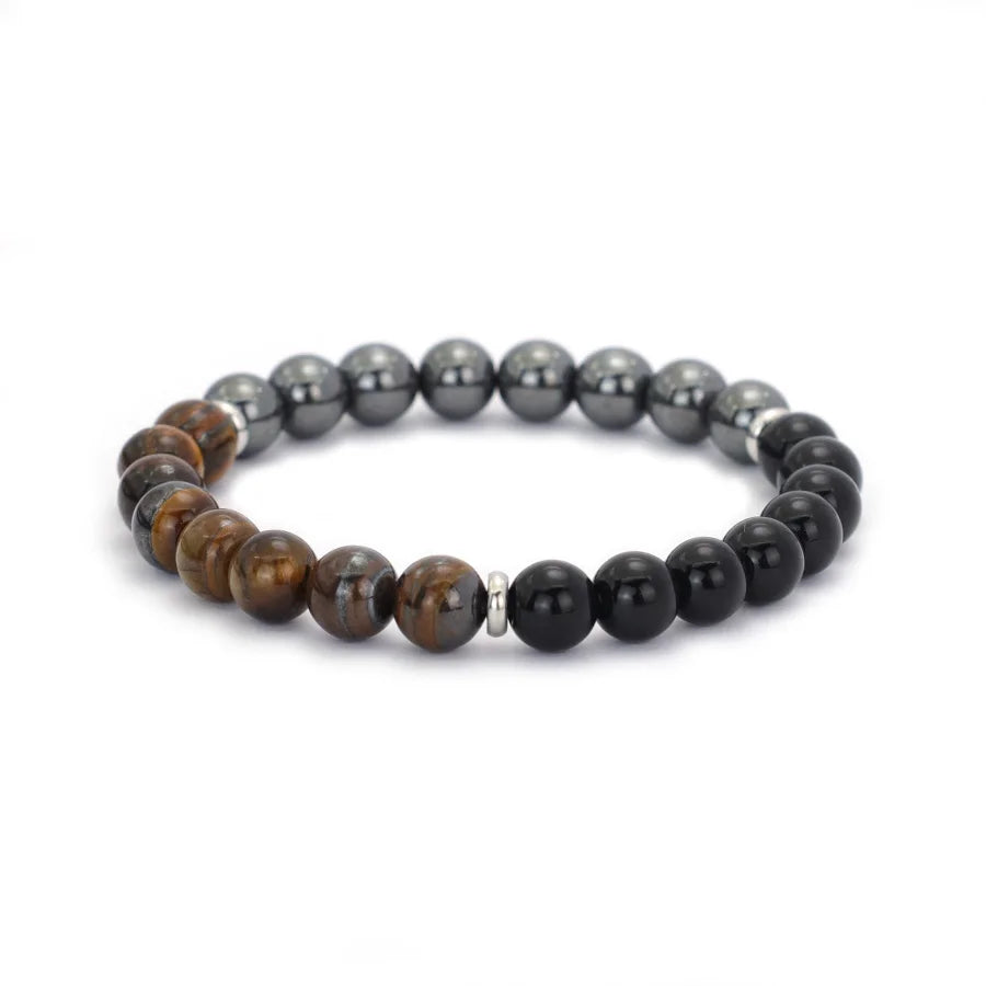 Handmade Beaded Three Natural Stone Beads Mix and Match Bracelet Matte Map Stone Hematite Charms Beaded Stretch Braclet