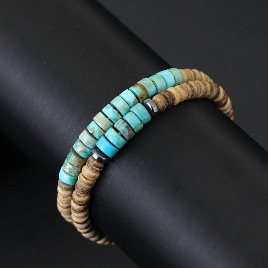 Bohemian 2Pcs Men Bracelet Set Natural Coconut Husk Beads Braclet Emperor Stone Strand Braslet Meditation Yoga Hand Accessories
