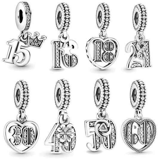 Celebration Birthday Lucky Numbers 15th 16th 18th 21st 40th 50th 60th Charm Beads Fit Original Pan Bracelet DIY Jewelry Gift