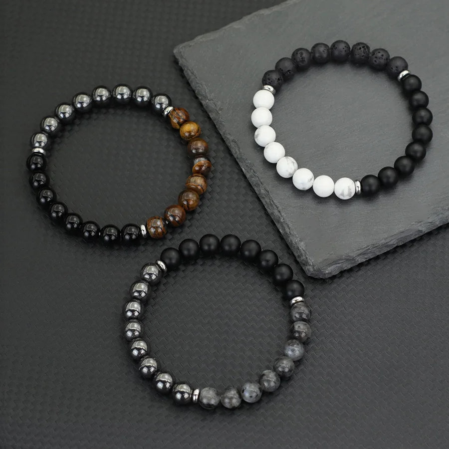 Handmade Beaded Three Natural Stone Beads Mix and Match Bracelet Matte Map Stone Hematite Charms Beaded Stretch Braclet