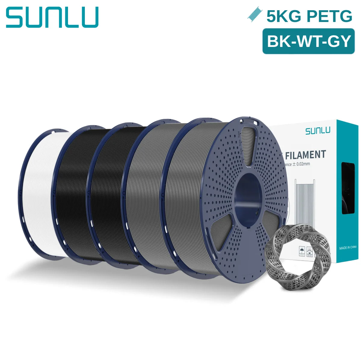 SUNLU 5KG PETG 3D Filament 1.75mm Neatly Wound High Toughness 3D Printing Spool Filament for FDM 3D Printer Materials Fast Ship