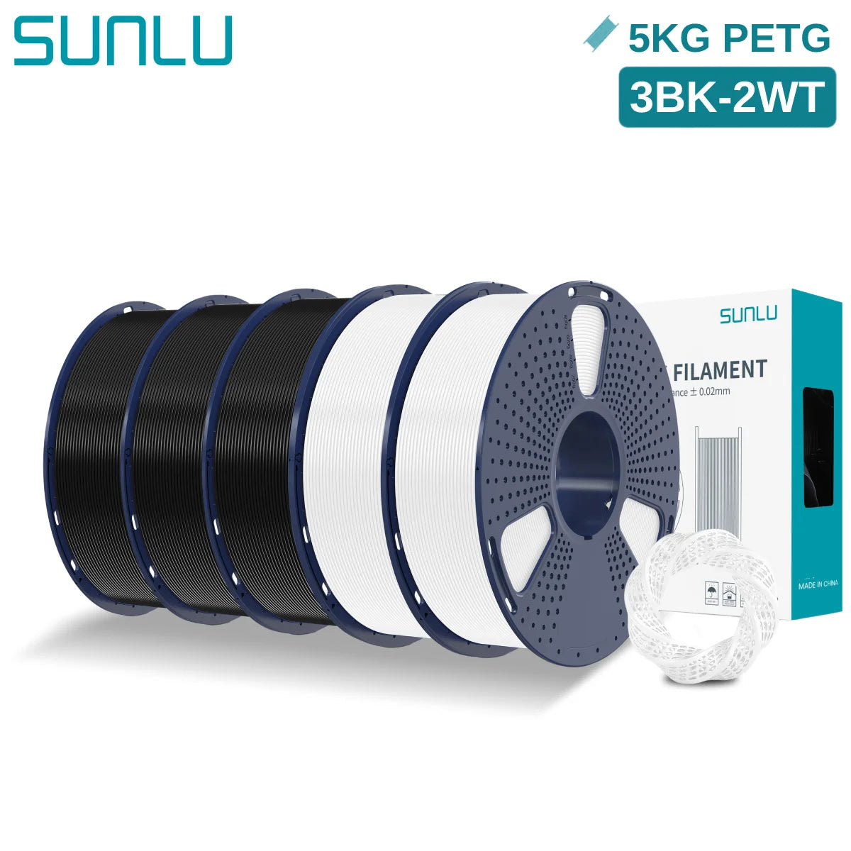 SUNLU 5KG PETG 3D Filament 1.75mm Neatly Wound High Toughness 3D Printing Spool Filament for FDM 3D Printer Materials Fast Ship