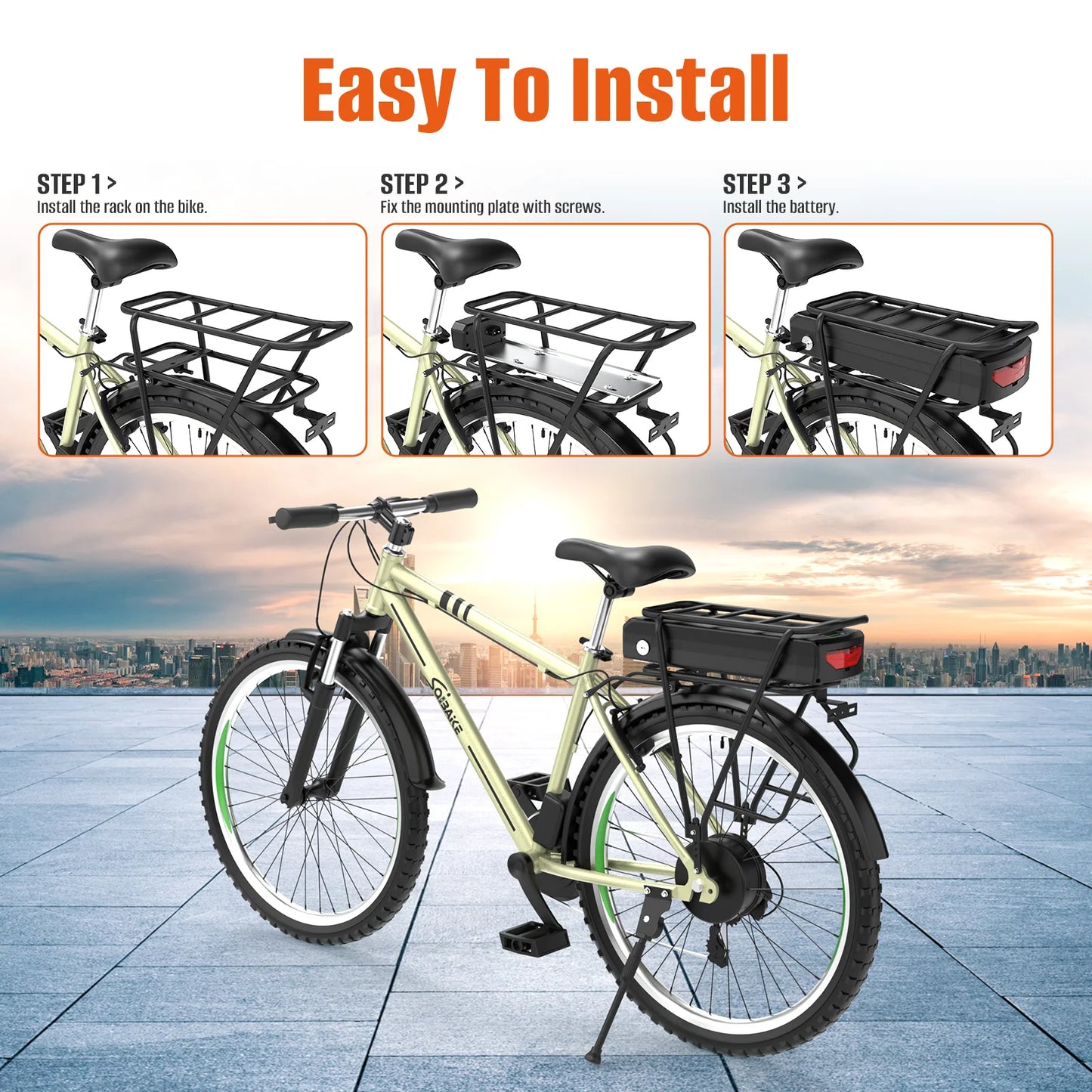 72V 52V 48V 36V Rear Rack eBike Battery 21700 Lithium Pack with Luggage for 2000W 1500W 1000W 750W 500W 24"-28 inch Motor