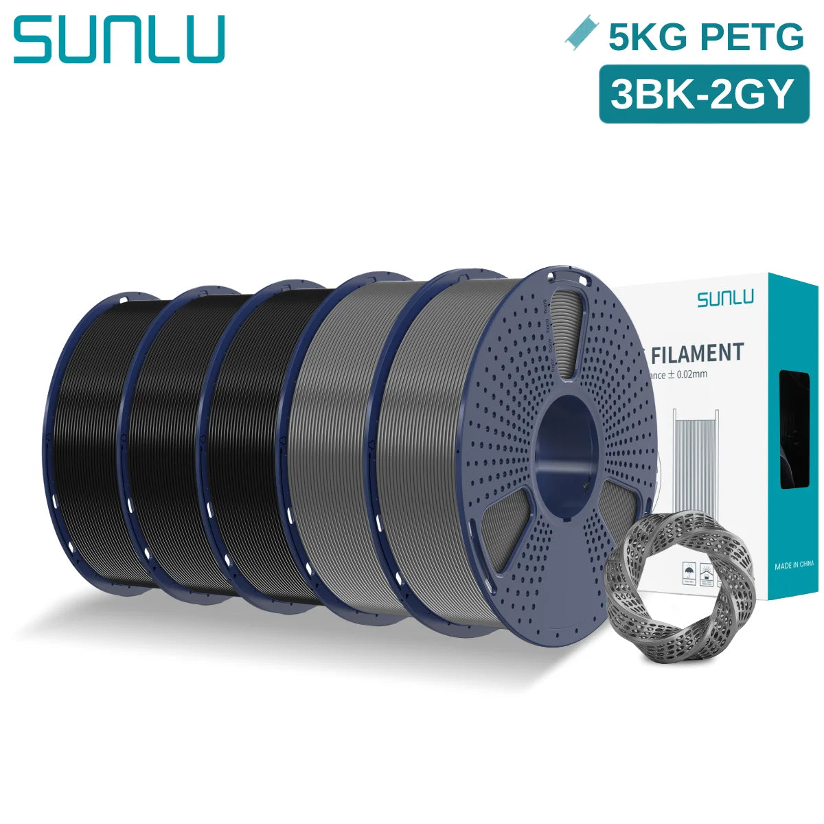 SUNLU 5KG PETG 3D Filament 1.75mm Neatly Wound High Toughness 3D Printing Spool Filament for FDM 3D Printer Materials Fast Ship