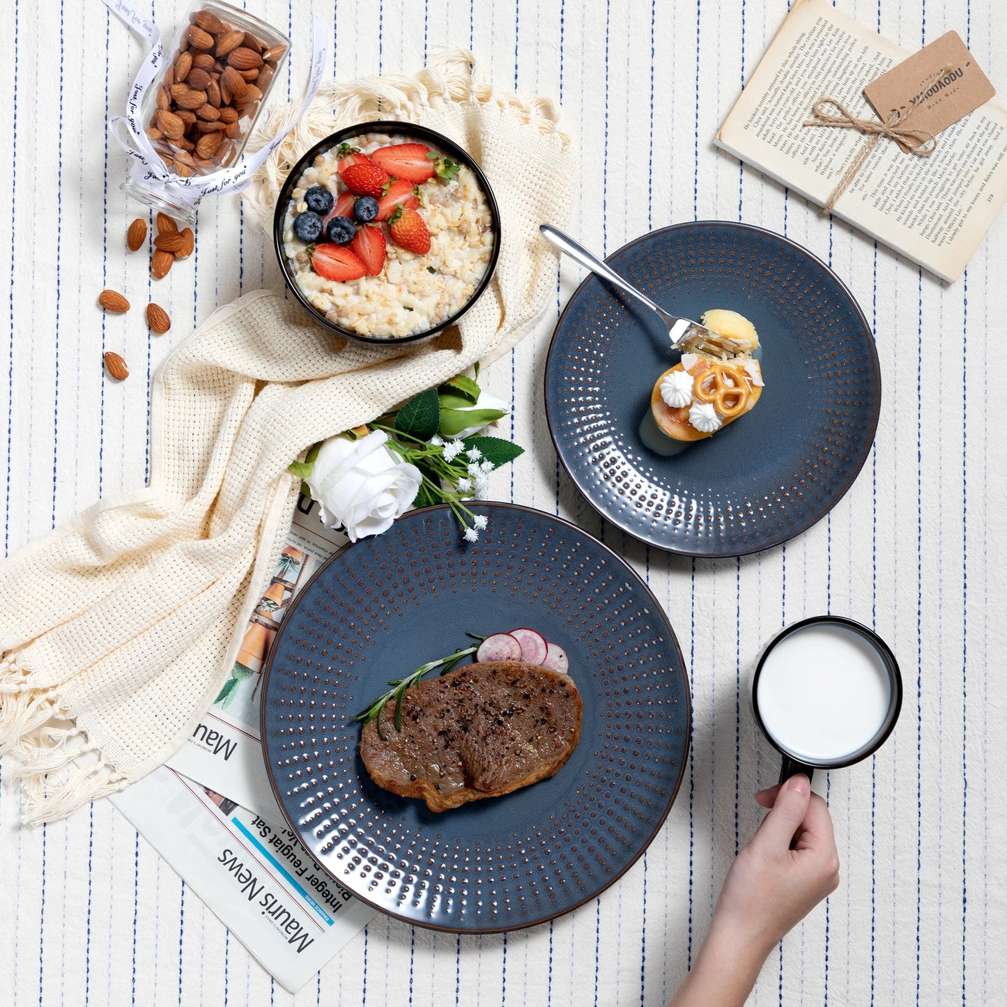 vancasso GUTO 16/32 Piece Embossed Relief Stoneware Tableware Set with Dinner/Dessert Plate/Soup Bowl/Mug Service for 4/8/12